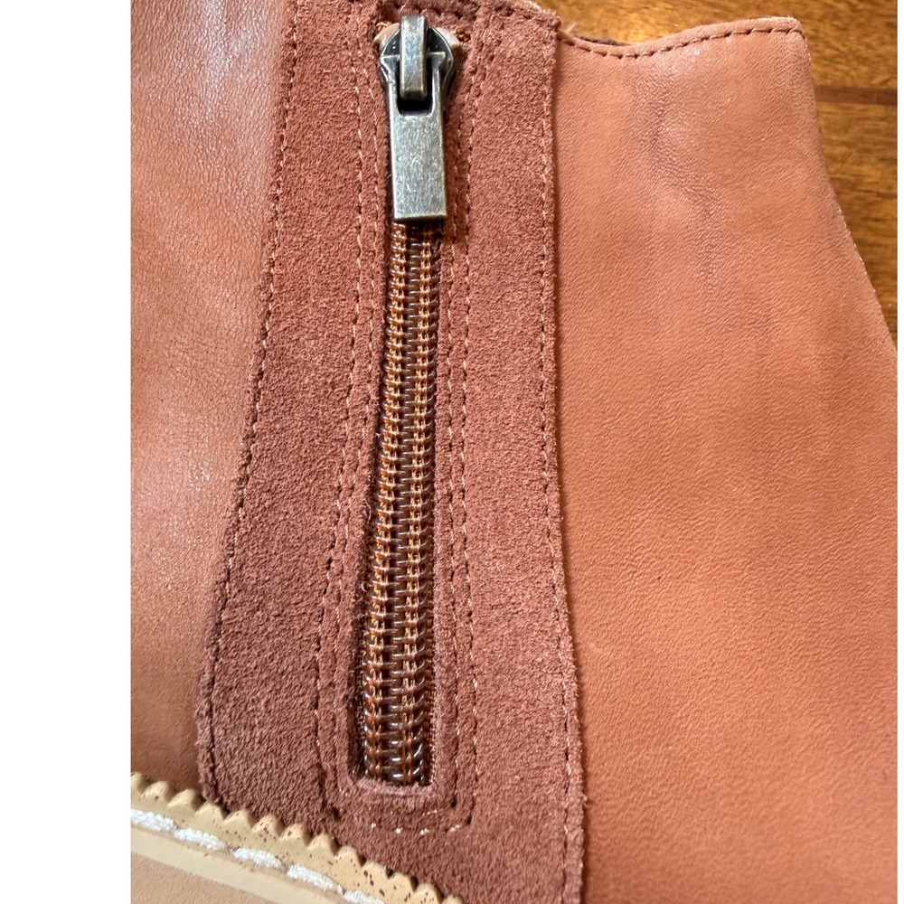 TOMS Wedge Ankle Booties Women 7 Tan Brown Leather Suede Zip Platform Boots - Picture 8 of 10